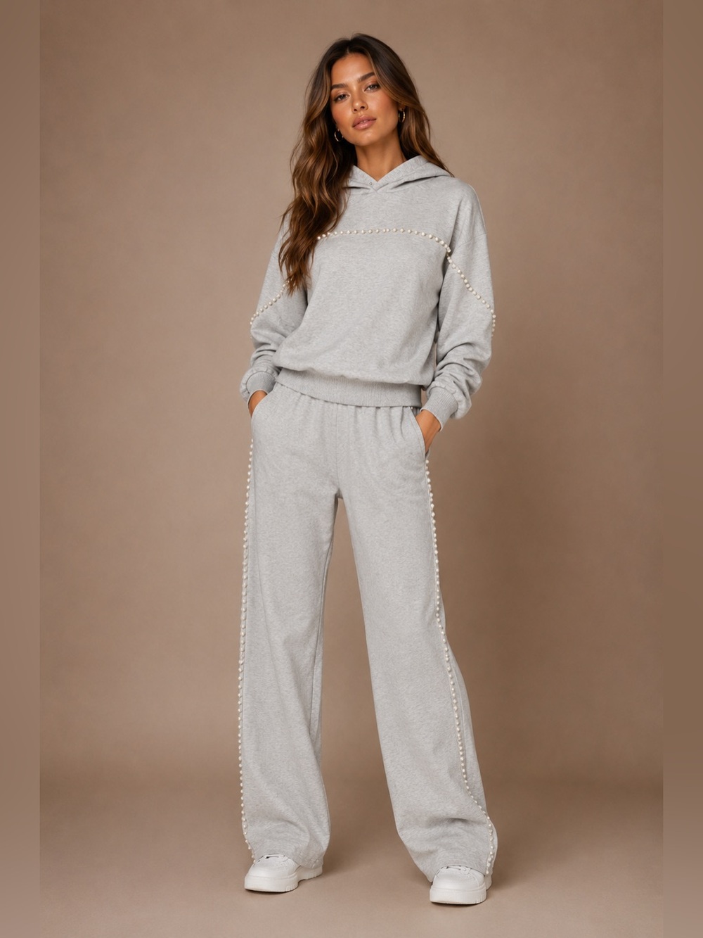 NWT Pearl-Trim Wide-Leg Pants Set - Heather Grey